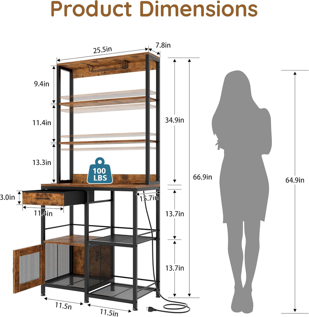 67.7" Tall Bar Cabinet with Power Outlets | Coffee Bar Cabinet, Glass Holder, Liquor Cabinets with LED Lights, Mini