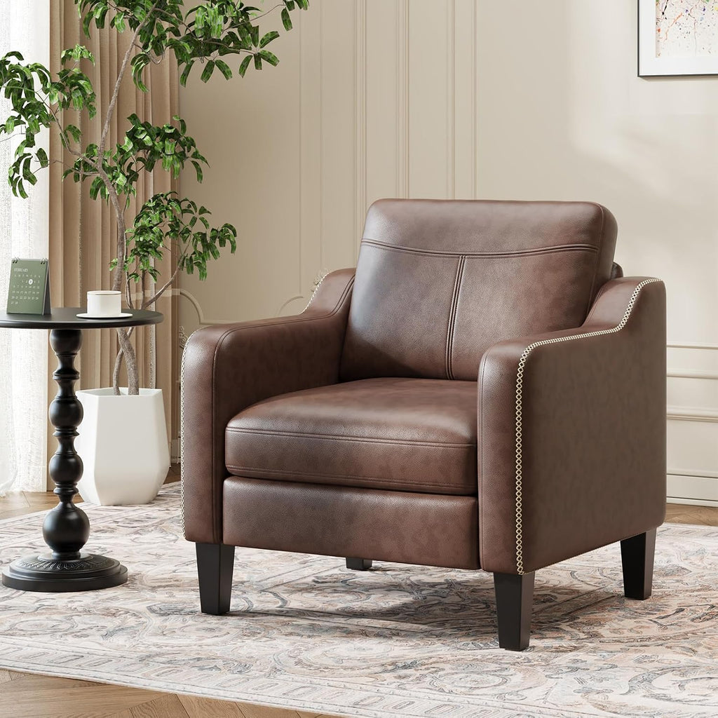 PU Leather Accent Chair, Mid-Century Modern Living Room Armchair Sofa with Removable Cushions & Stitched - Set of 2