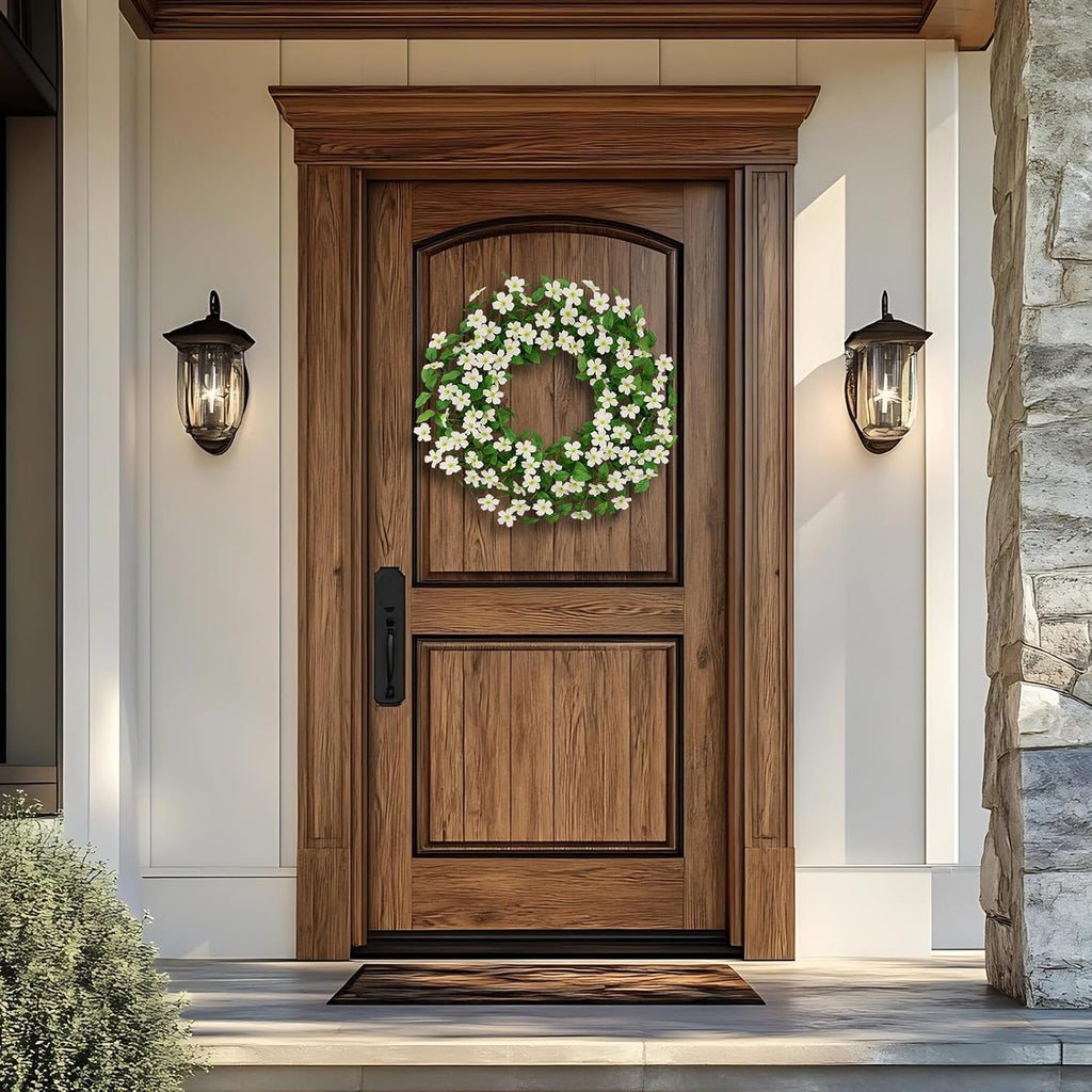 Artificial Eucalyptus Wreath for Front Door, 24 Inch Spring Summer Wreath with White Dogwood Flowers, All Season