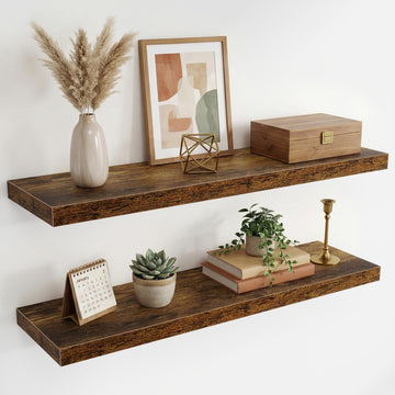 36 Inch Black Floating Shelves for Wall, 9.3" Deep Long Floating Shelf Set of 2, Wood Wall Mounted Shelves Farmhouse