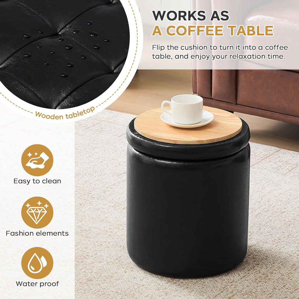 Round Ottoman with Storage Set of 2, 12.6" W x 14.17" H & 14.76" W x 17.32" H Faux Footstool Storage Ottomans Padded