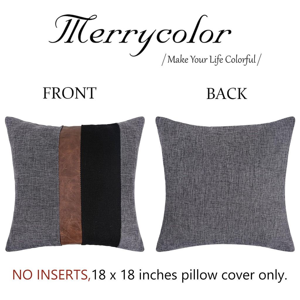 Thick Black Linen Farmhouse Lumbar Throw Pillow Cover Black Brown Color Block Decorative Linen Faux Leather Ticking