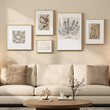 Framed Matisse Abstract Neutral Wall Art, 5 Piece Large Beige Canvas Prints Set, Modern Minimalist Geometric