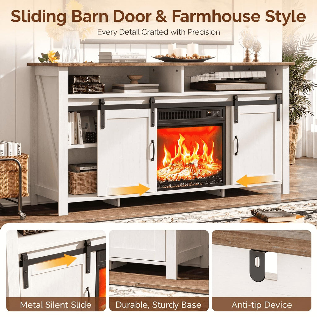 58" Fireplace TV Stand with Barn Doors for 65" TVs, 1 Package, White