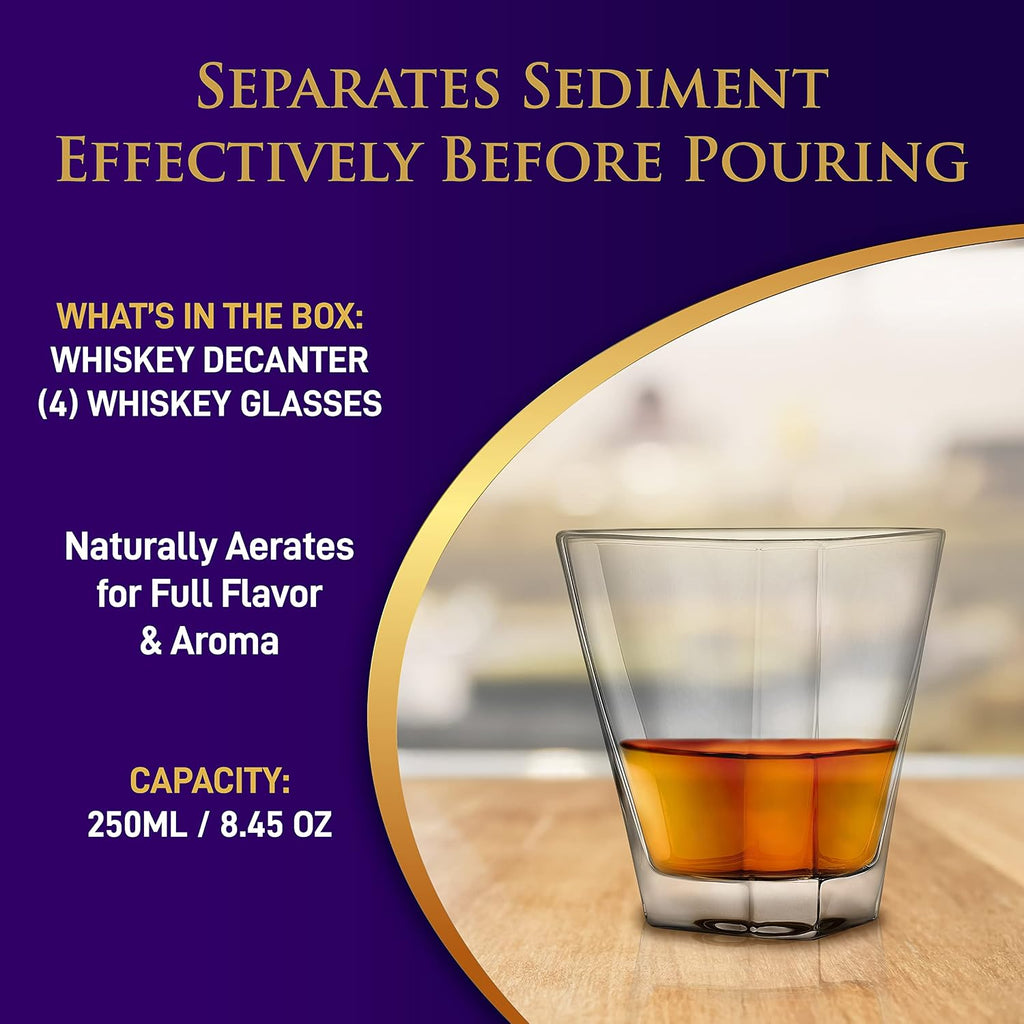 Whiskey Decanter Set with Glasses - Clear Glass Aerating Decanter with Stopper, Naturally Enhances Flavor & Aroma