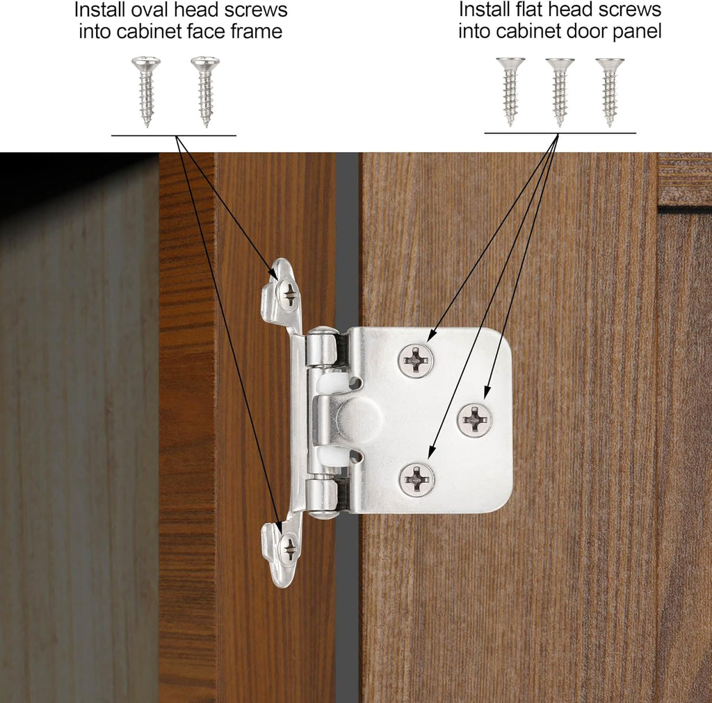 4 Pack (2 Pair) Brushed Satin Nickel Self Closing Cabinet Hinges for Flush Mount Kitchen Cabinet Door, 1/2" Overlay
