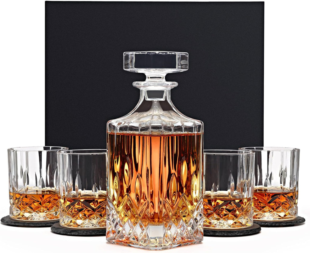 Luxury Whiskey Decanter Gift Set - 25oz Crystal Decanter, 4 Old-Fashioned Glasses, 4 Slate Coasters with Diamond