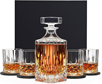 Luxury Whiskey Decanter Gift Set - 25oz Crystal Decanter, 4 Old-Fashioned Glasses, 4 Slate Coasters with Diamond