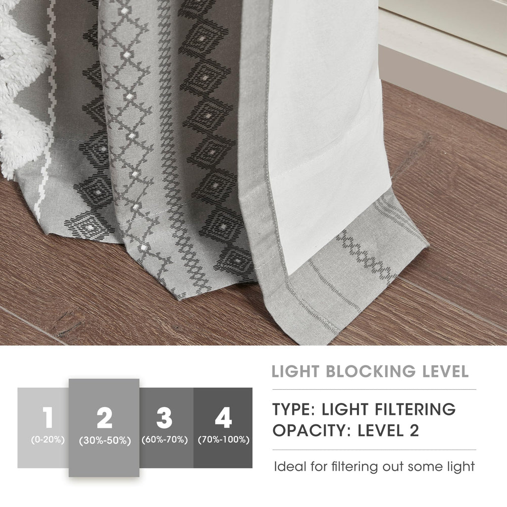 100% Cotton Boho Window Curtain, Single Panel, 50x84 Gray