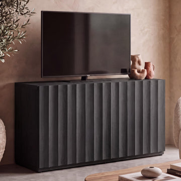 46.96" TV Stand, Fluted Mid-Century Modern 3 Doors, Charcoal Oak