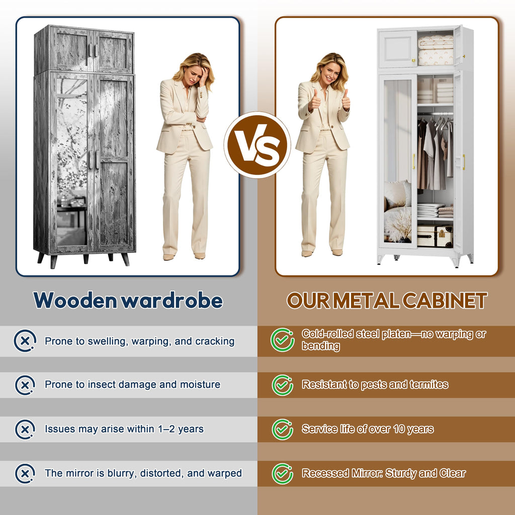 86" Wardrobe Closet, Metal Armoire Wardrobe Cabine with Mirror Door