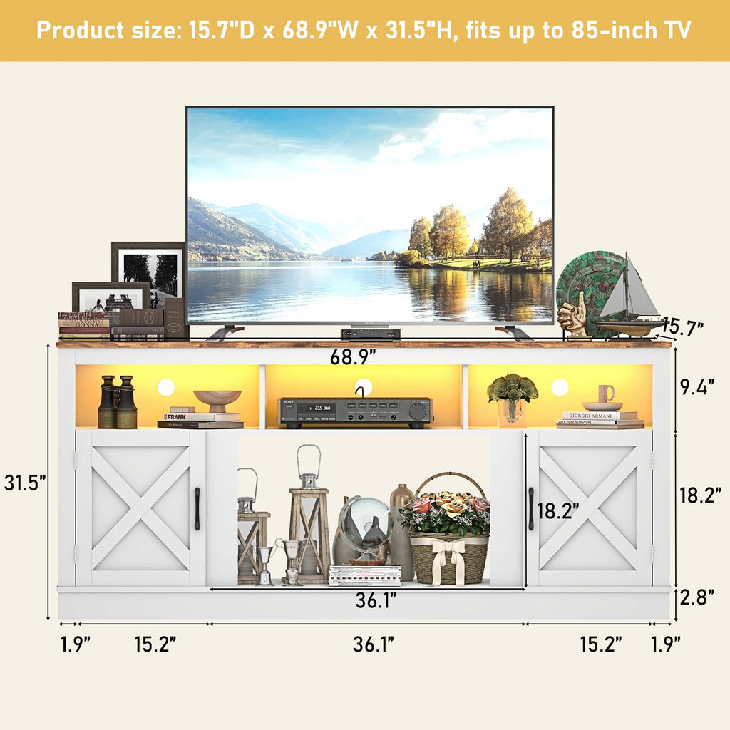 Farmhouse TV Stand for 70/75/80 Inch TV, 32"Tall Entertainment Center w/LED Light, Large Media Console Cabinet w/Barn