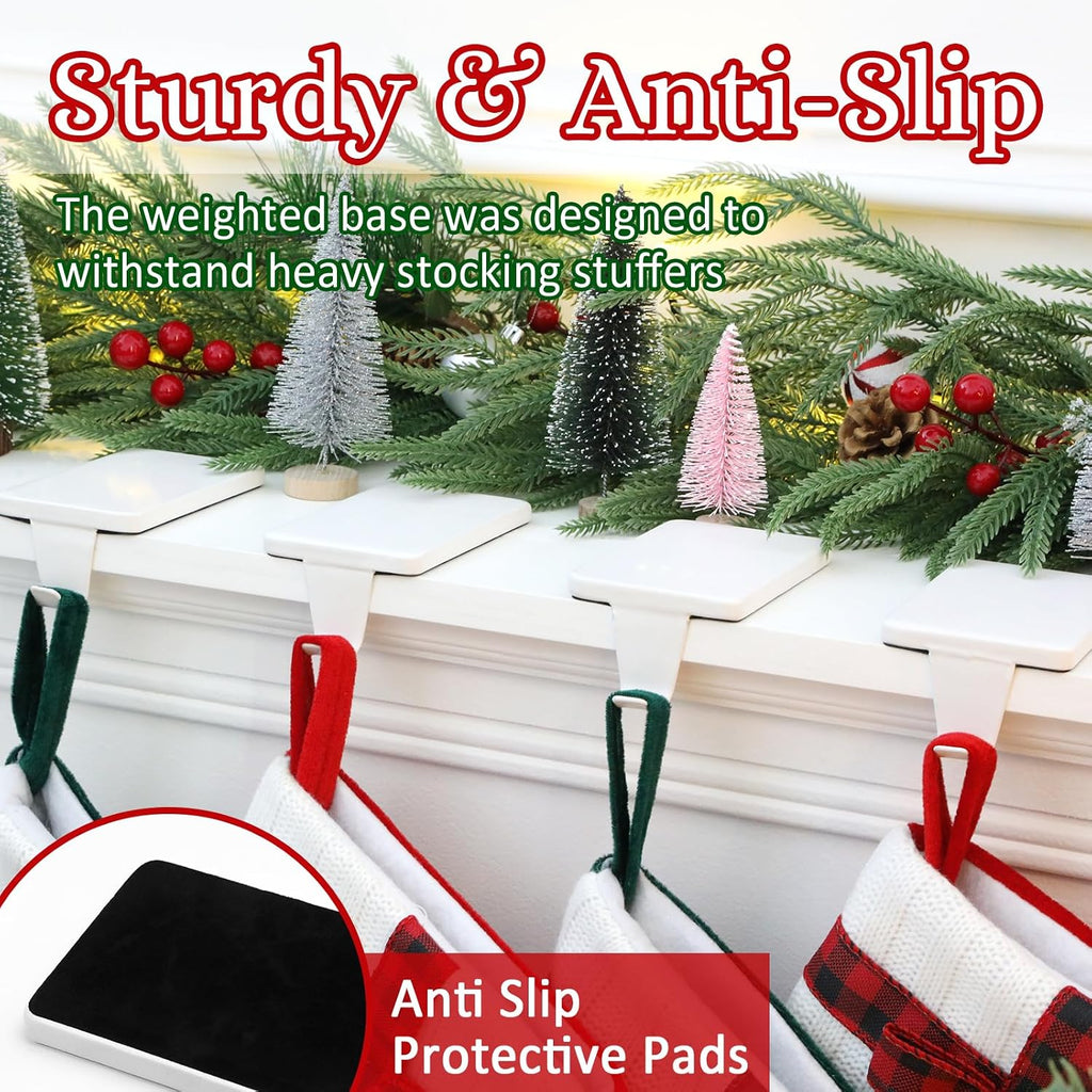 Christmas Stocking Holders for Mantle, Set of 6 White Heavy Duty Cast Iron Stocking Hangers Base, Low Profile