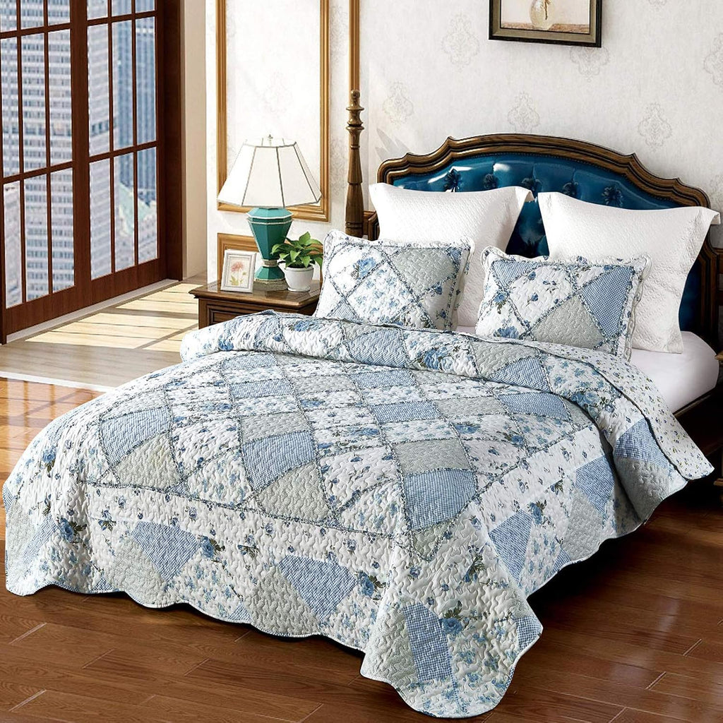 Blue Floral Patchwork Quilt Set, Full Queen, 3 Piece Bedding Set with 2 Pillowcases