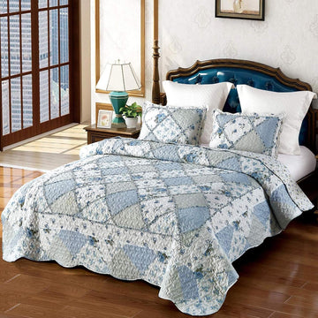 Blue Floral Patchwork Quilt Set, Full Queen, 3 Piece Bedding Set with 2 Pillowcases