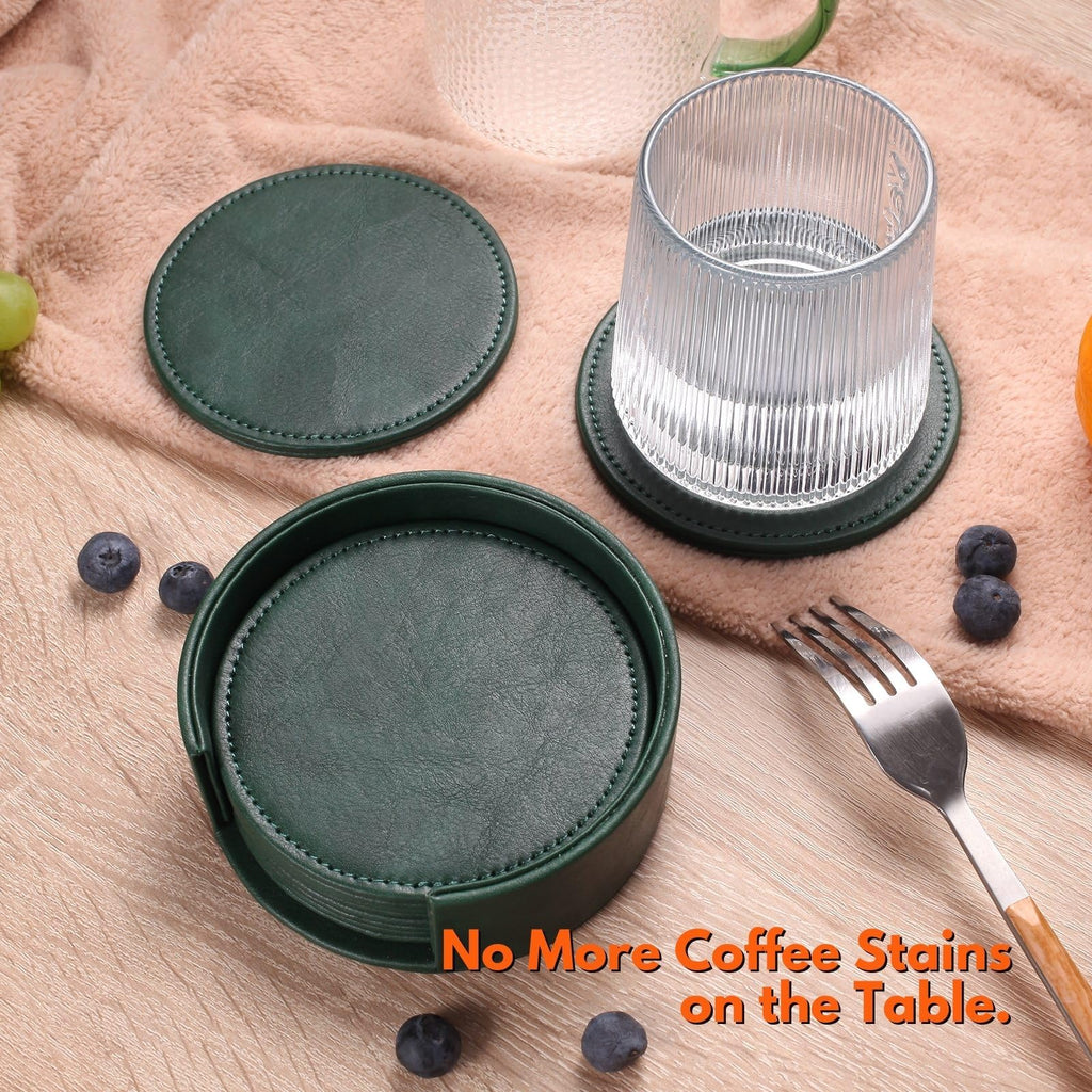 Leather Coasters for Drinks, Drink Coasters Set of 6 with Holder