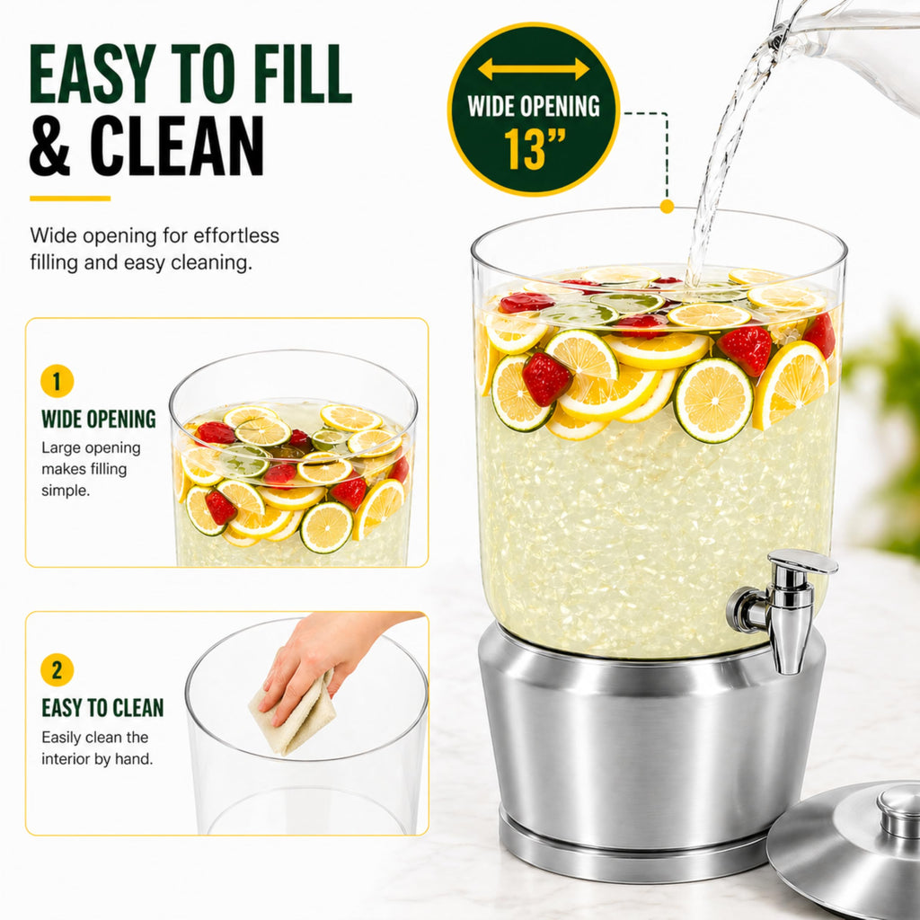 Drink Dispenser with Ice Chambers, Lemonade Tea Water Dispenser with Spigot, Stainless Steel Beverage Jar Jug
