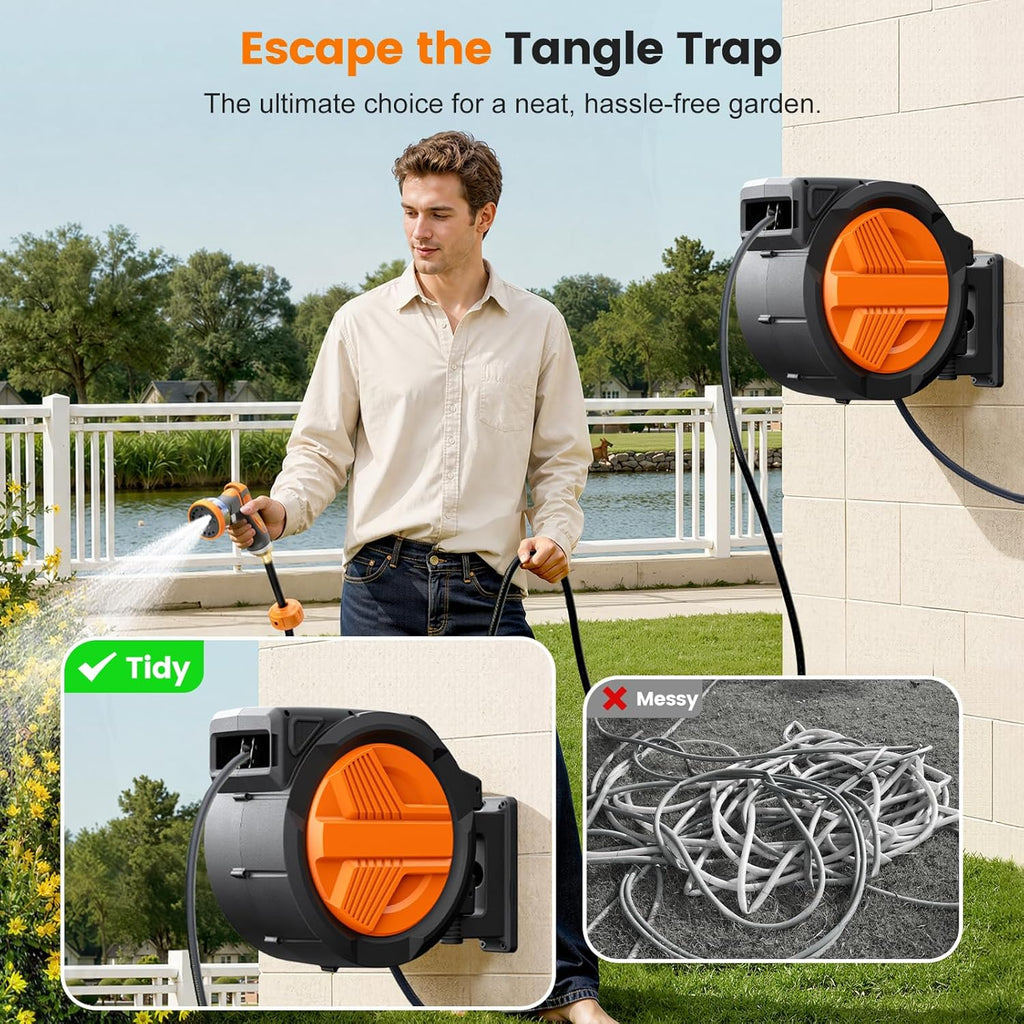 Retractable Garden Hose Reel 1/2" x 100ft, Auto Rewind Hose Reels for Outside, Heavy-Duty Wall-Mounted Outdoor Hose
