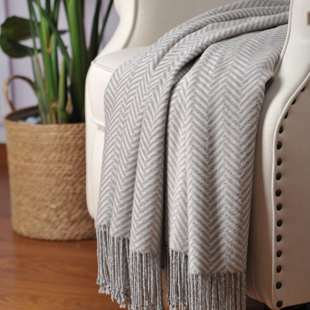 Silk Throw Blanket with Hand-Knotted Fringe, Natural, Soft & Breathable (Herringbone Gray)