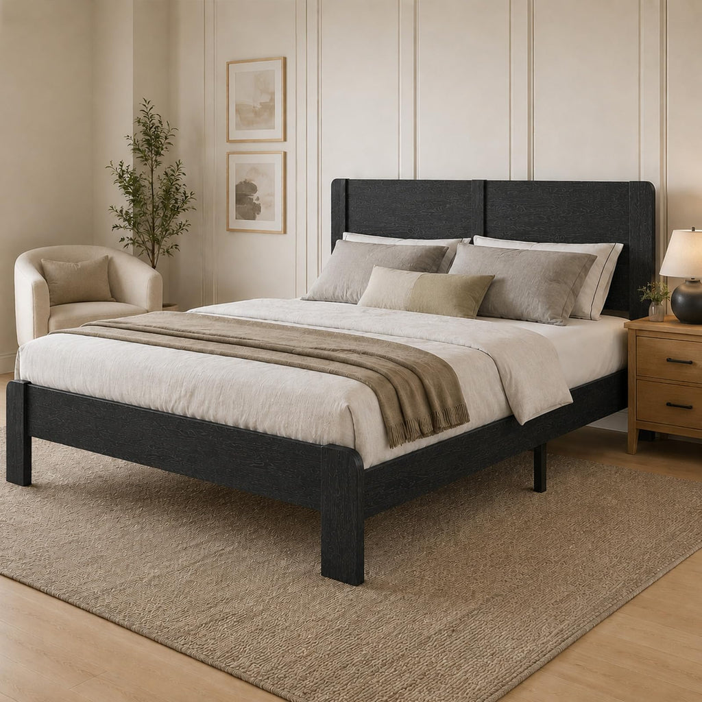 Black Farmhouse Wooden Bed Frame with 44.1" Headboard