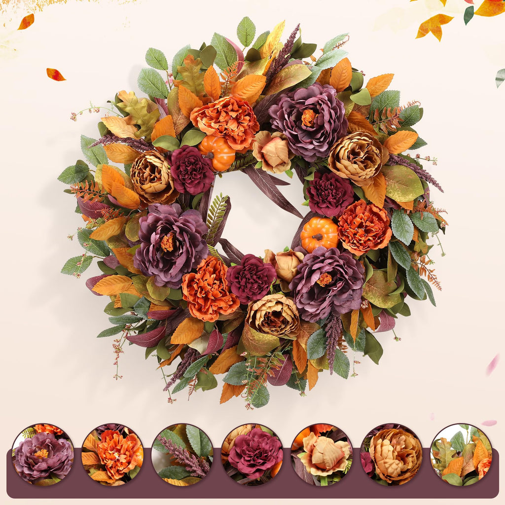 26 Inch Fall Wreath for Front Door, Large Autumn Harvest Wreath with Purple Peony, Pumpkin & Berries, Full and Lush