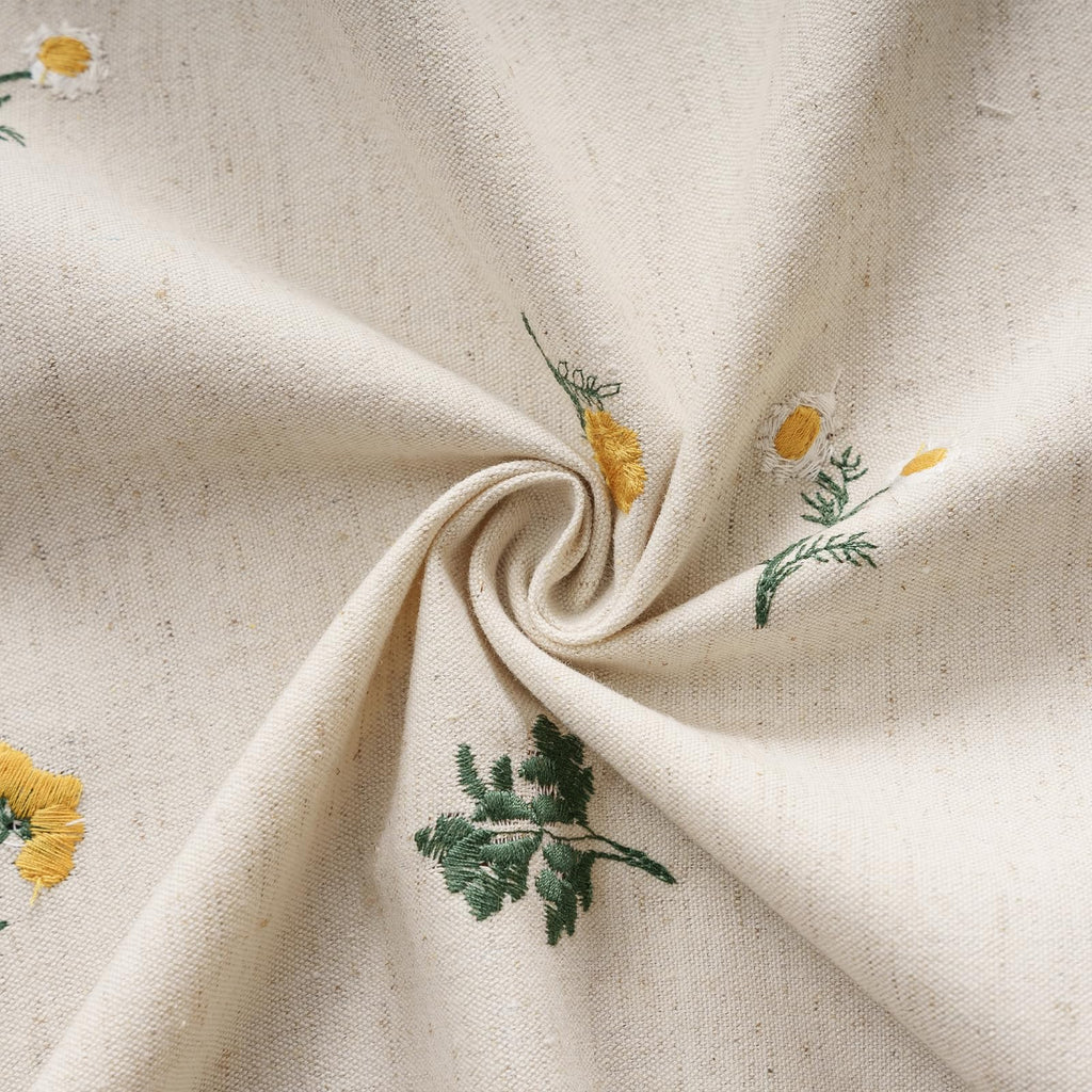 Boho Linen Blend Tablecloth 60 x 60 Inch, Beige Embroidered Daisy Floral Table Cover with Tassel Fringe, Soft