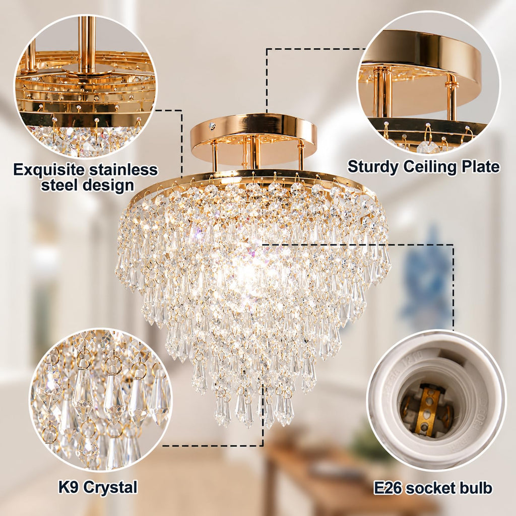 11.8 in Gold Crystal Chandelier, Flush Mount E26 Ceiling Light