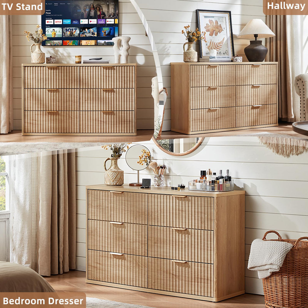 Fluted 6 Drawers Dresser Set of 2, 48" Wide Modern Chest of Drawers with Metal Handle, Natural Curved Profile