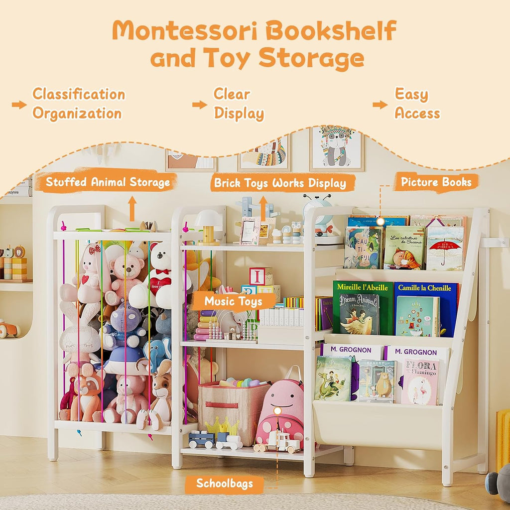 B1 Kids Bookshelf and Toy Storage, Book Shelf for Kids Rooms White | 3-Tier Sling Baby Bookcase with Stuffed Animal