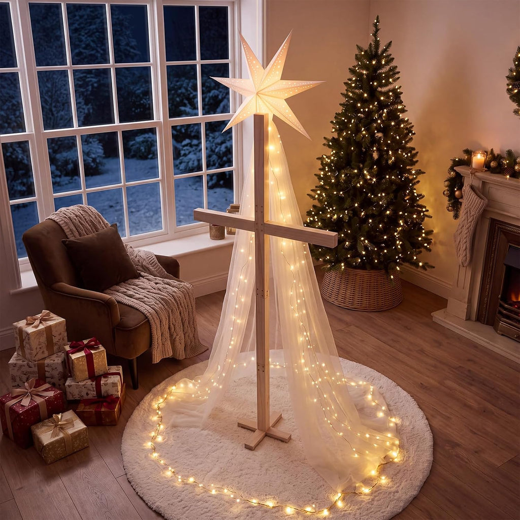 5 Pcs Lighted Christmas Nativity Scene Decorations Set with 5.09Ft Wooden Cross Bethlehem Star Gauze Curtain LED
