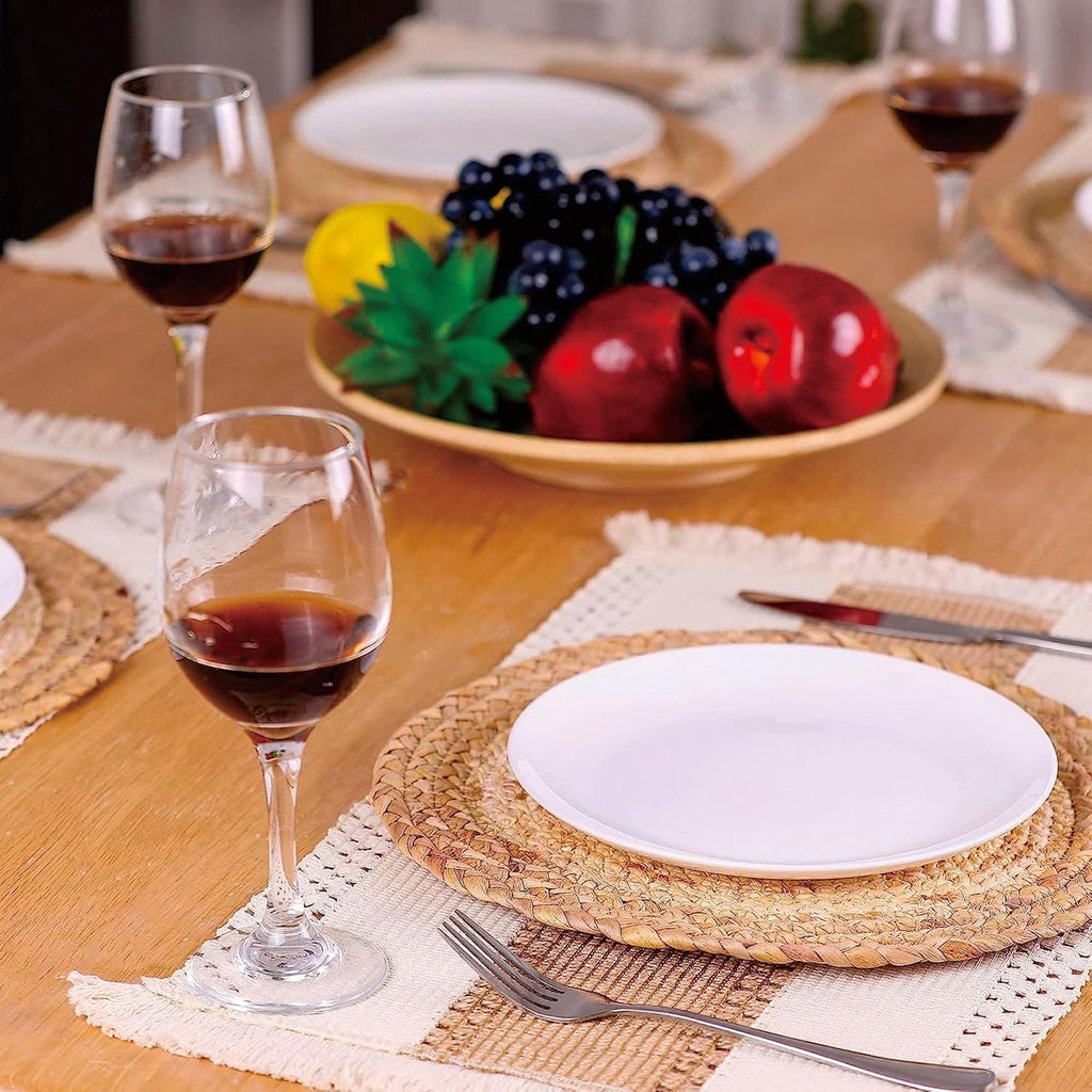 Handmade Boho Placemats Set of 6 - Natural Cotton Burlap and Water Straw Woven Combination Table Mats, Macrame Décor