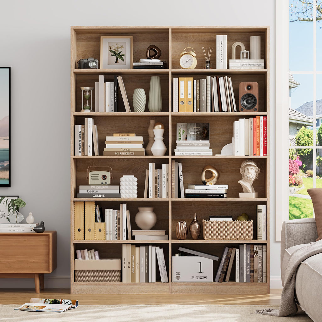 Bookshelf Tall Bookcase, 6-Tier Double Wide Bookshelves, Light Oak