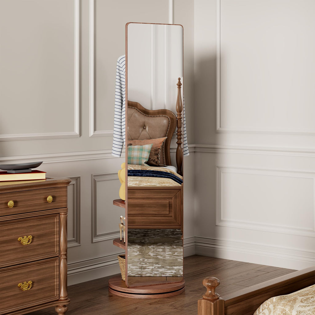 360° Rotating Full Length Mirror with Hook Storage Rack,Body Mirror Storage