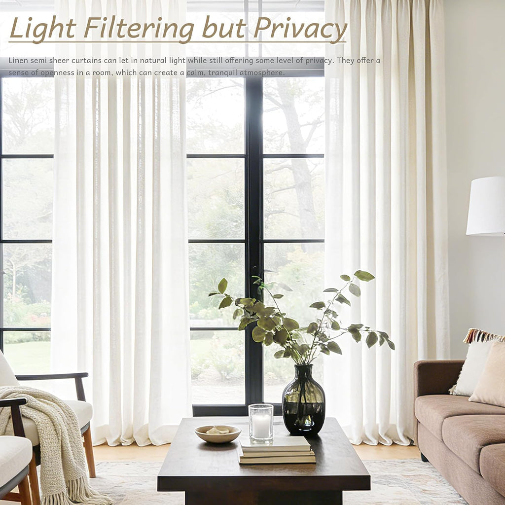 102 inch Long Pinch Pleat Linen Curtains 2 Panels Set for Living Room Sliding Door Natural Cream Light Filtering Semi