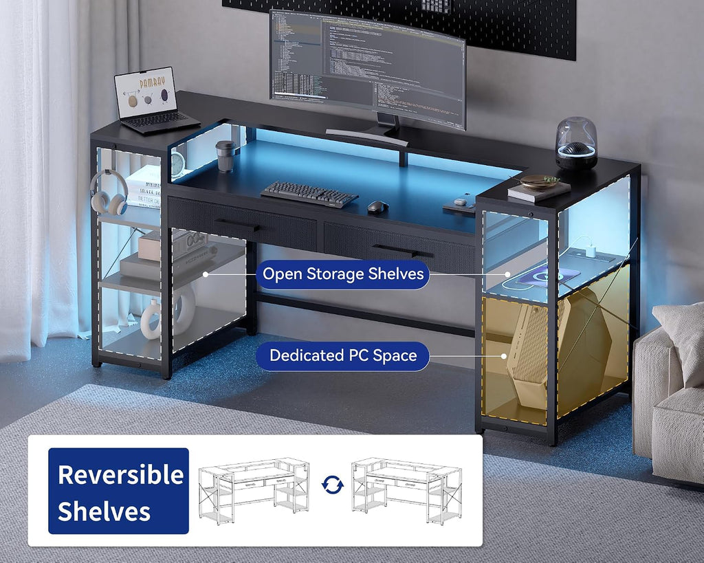 58 Inch Gaming Computer Desk with Monitor Stand Drawers and Shelves | Ample Storage, Large Table with LED Lights &