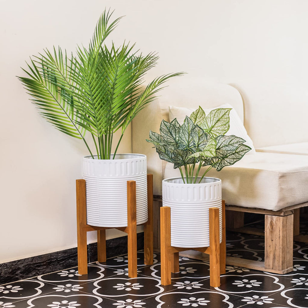 2-Piece White Metal Planter Set with Wood Stand, Indoor Mid Century Modern Planters with Drainage, 8" & 10"