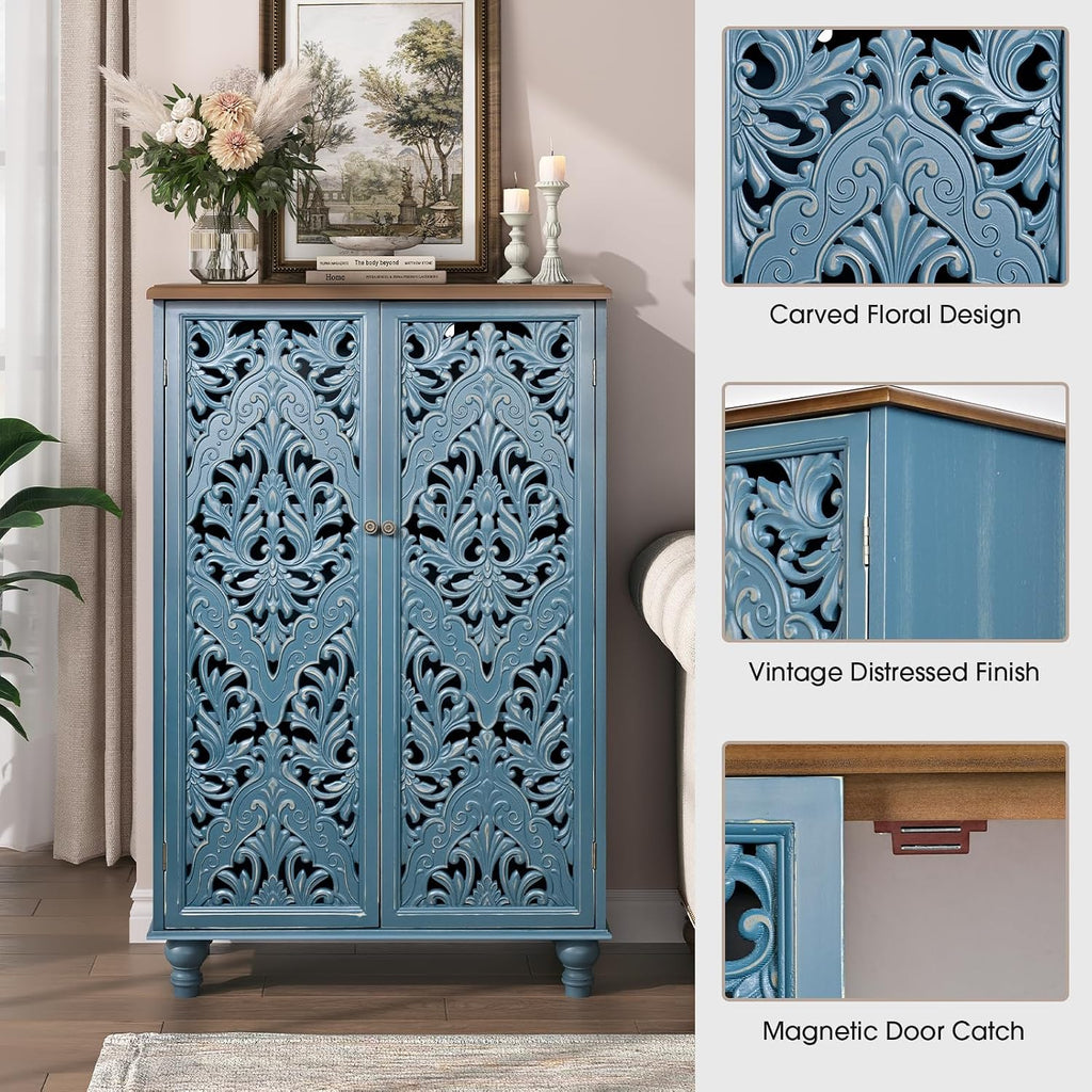 47" Tall Accent Cabinet with Doors & Storage ,Blue | Carved Solid Wood Legs, Decorative Cabinet for Dinning