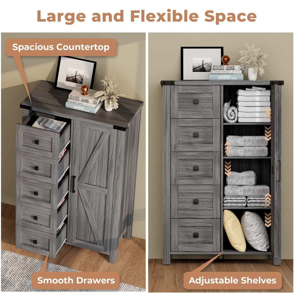 Farmhouse Dresser Storage Cabinet Chest of Drawer, 5 Drawer Dresser with Barn Door, 48 Inch Tall Grey Wood Dresser