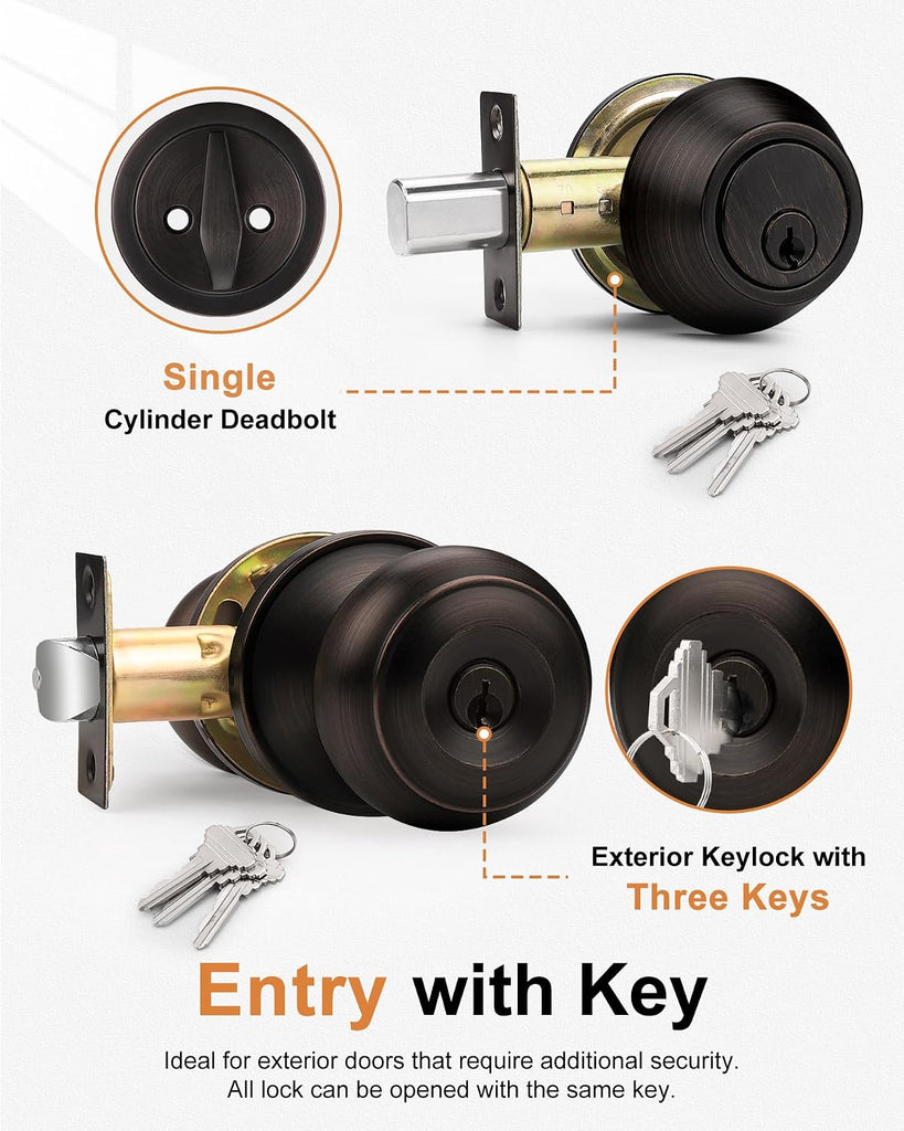 Keyed Alike Entry Door Knob and Single Cylinder Deadbolt Lockset, Front Door Knob with Key and Deadbolt, Oil Rubbed