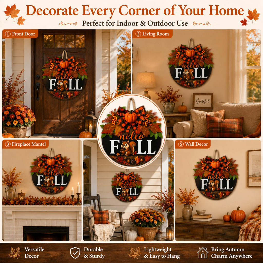 Fall Wreaths for Front Door Hello Fall Squirrel Door Hanger Thanksgiving Decor (Cute Hello Fall)