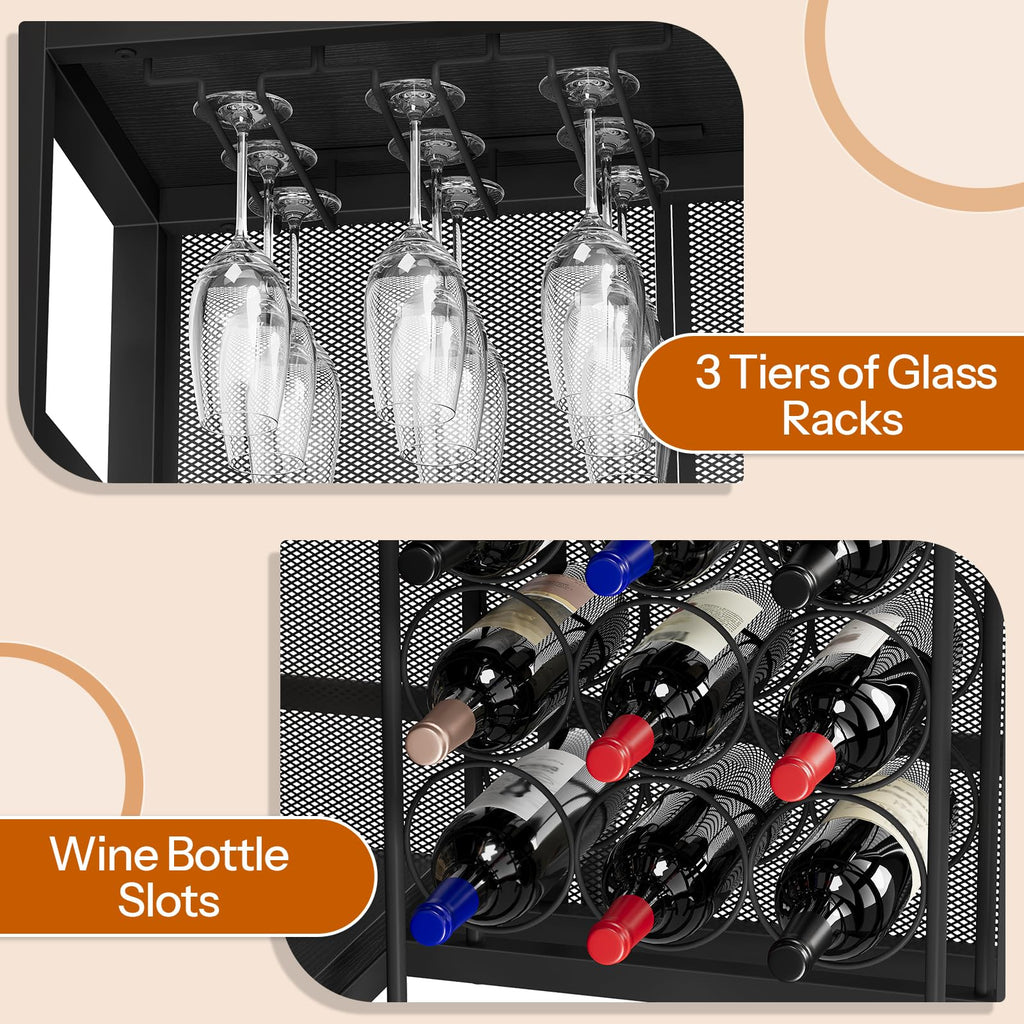 Bar Unit, L-Shaped Bar Table with Glasses Holder & 4-Tier Shelves, Corner Mini Liquor Cabinet with Footrest &