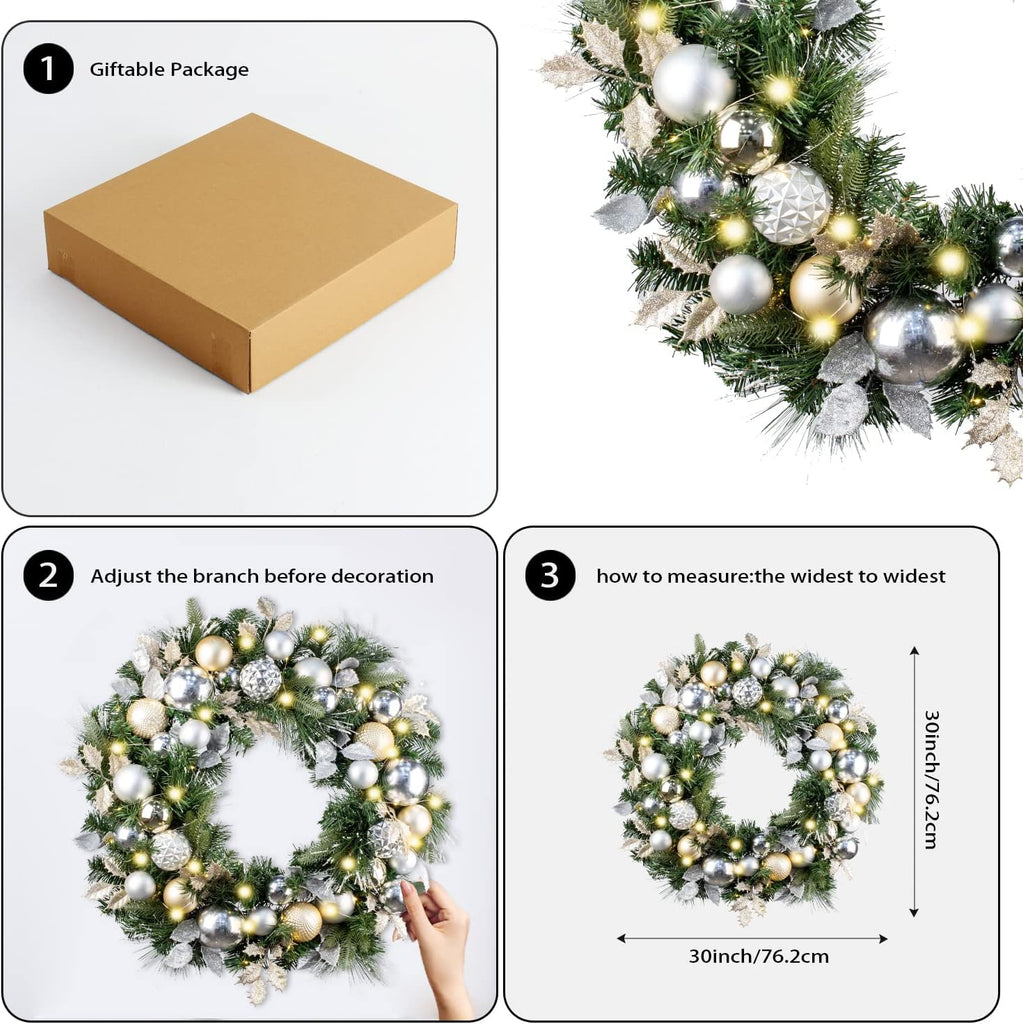 30 Inch Pre-Lit Soft Gold Silver Christmas Wreaths for Front Door