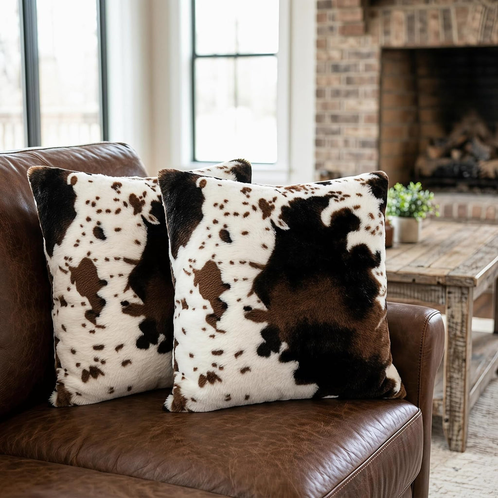 Cowhide Animal Black White and Brown Faux Fur Throw Pillow Covers 18x18 Set of 2 for Chair Bedroom Living Room Sofa