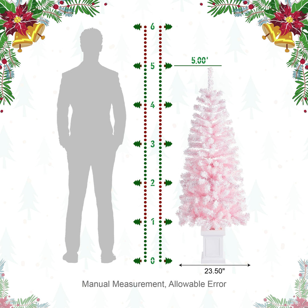5ft Artificial Prelit Christmas Tree, Pink Christmas Tree Flocked Christmas Porch Tree with 130 Warm
