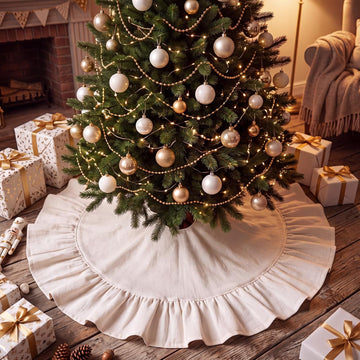 Christmas Tree Skirt with Ruffle Border and Ties 36 Inch Vintage Tree Skirt Decorations Rustic Farmhouse Scalloped