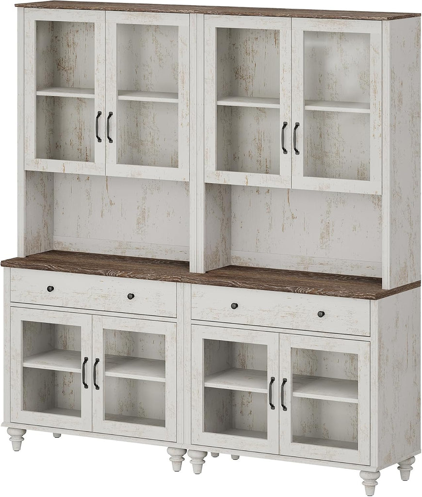 72" Tall Bookcase with Glass Doors & Drawer Set of 2, Large Farmhouse Display Book Shelf with Bar Cabinet, Library