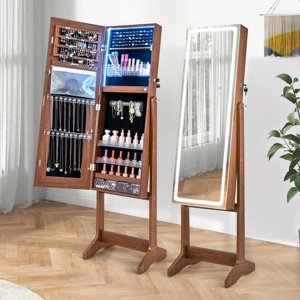 Standing Jewelry Cabinet with LED Lights & Full-Length Mirror (Walnut)