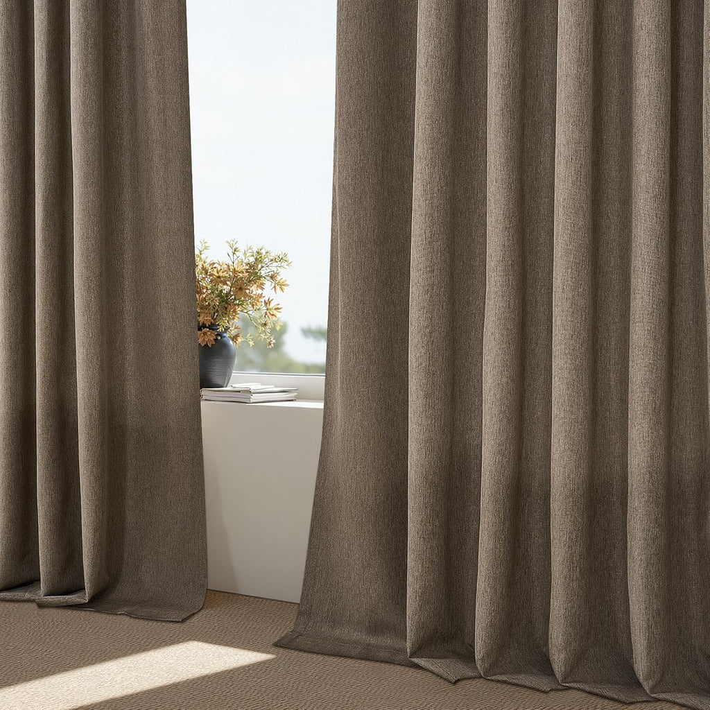 96 Inches Long Pleated Sheer Curtains,Dark Linen Blended Light Filtering Window Curtains 96 Length 2 Panels for