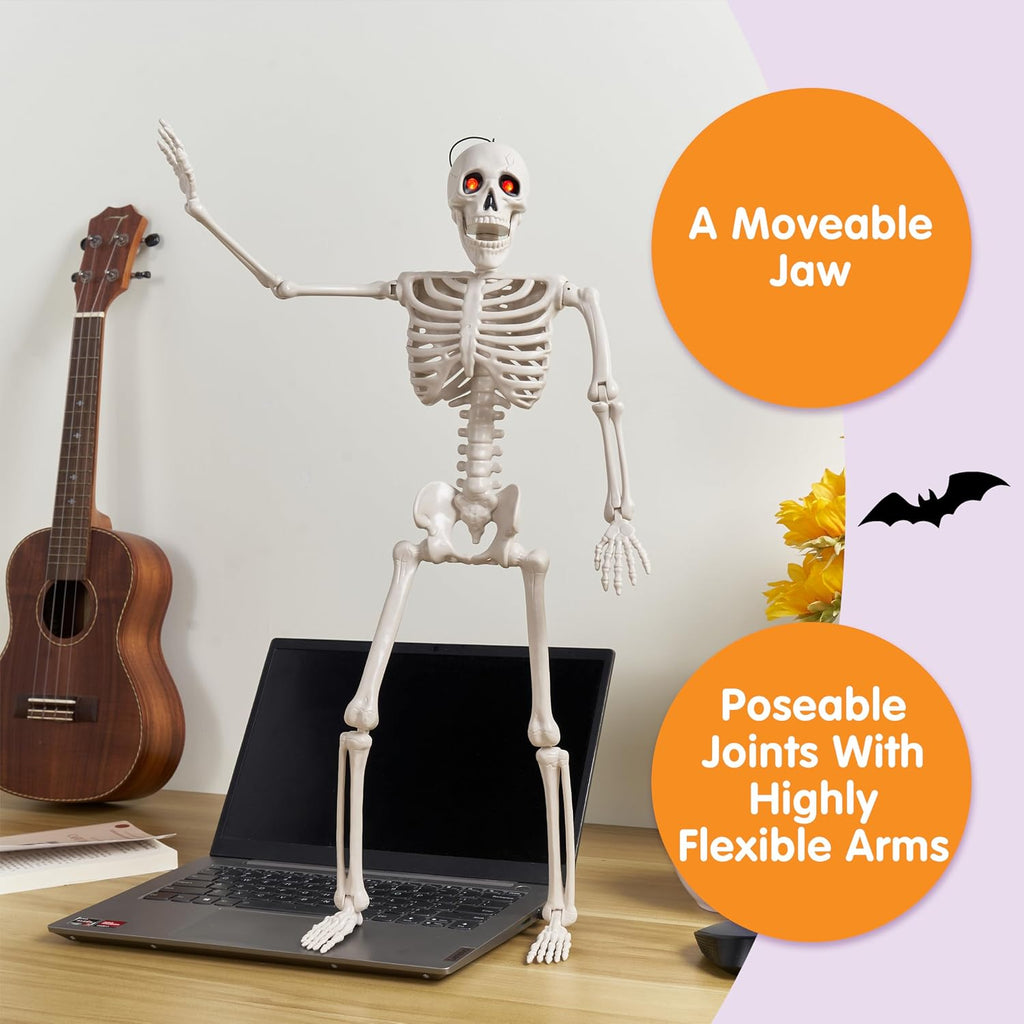 24 Inch Halloween Posable Skeleton with LED Red Glowing Eyes, 2FT Realistic Hanging Skeleton Bone Full Body Movable