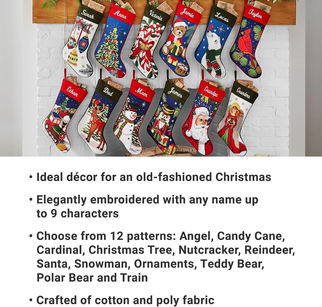 Personalized Needlepoint - Embroidered Family Stockings - Old-Fashioned Christmas Décor - Mantel Décor - 8"x17"